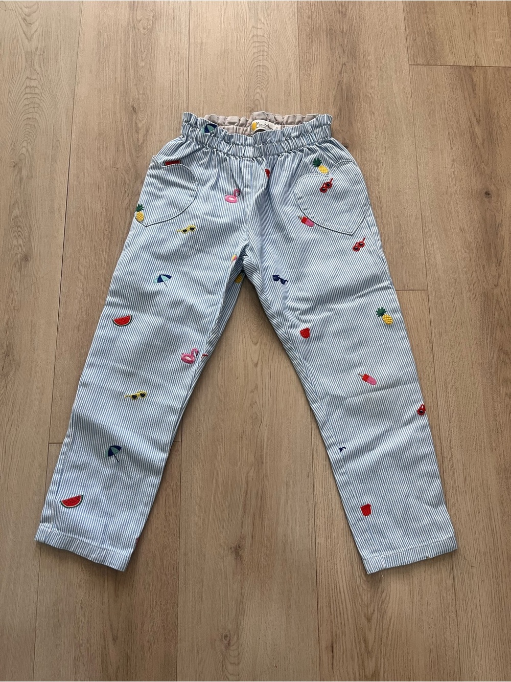 Mini Boden Light Blue Seersucker Pants with Colorful Fruit & Flamingo Prints